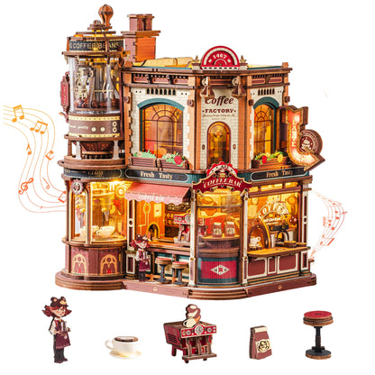 ROKR Wooden 3D Puzzle Dream Coffee Factory Music Box Model Building Kit 593-piece DIY Miniature House Kit with LED Light Unique Home Decor Gift for Adults Women