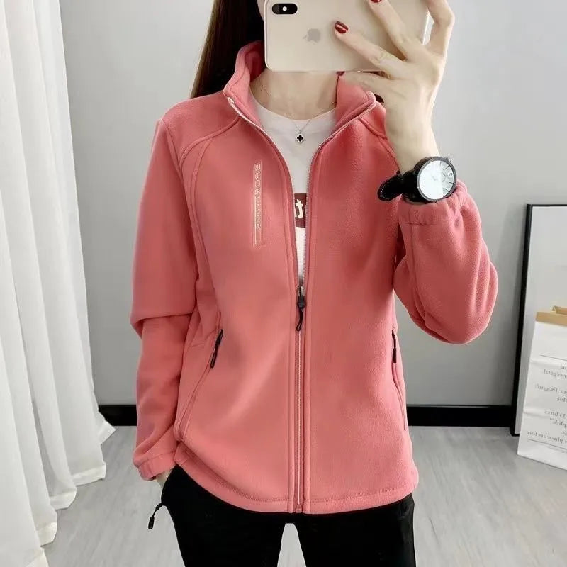 2024 Autumn Winter Thickened Fleece Ladies Outdoor Jacket Stand Collar Sweatshirt Cardigan Soft Plush Warm Upper Apparel