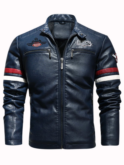 Men's PU Leather Motorcycle Racing Jacket Thin Embroidered Biker Color Zipper Closure Casual Outerwear