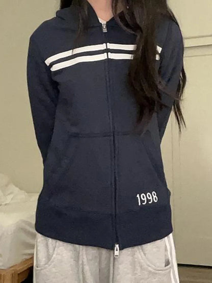 1977 Letter Embroidery Slim Zip-up Hoodies Women Autumn Long Sleeve Zipper Sweatshirts Sweet Vintage Casual Athletic Outerwear