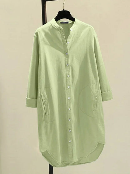 Fashion New Elegant Solid Cotton Linen Women's Shirt Single Breasted Round Neck Casual Commuter Style Mid Length Shirt