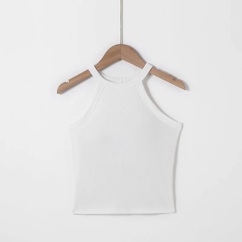 Fashion Threaded Halter Neck Camisole Top with Build-in Bra High Elastic Slim-fitting Sling Fixed Cup Breathable Women Underwear