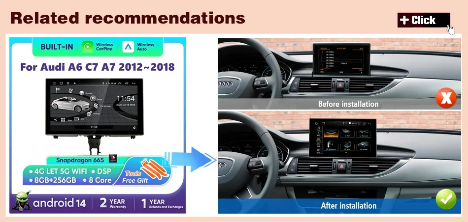 For Audi A6 A7 C7 Android 14 Car Radio Multimedia mp3 Player IPS Carplay Screen Stereo 4G GPS Navigation WIFI Head Unit