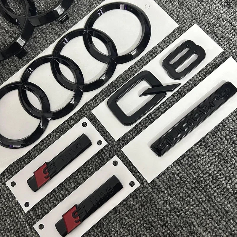 AUDI Q8 4-Ring logo ABS Black Car Hood Front Grill Emblem Rear Trunk Badge Q8 Sticker Quarrto Sline Emblem For Q8 2018-2024
