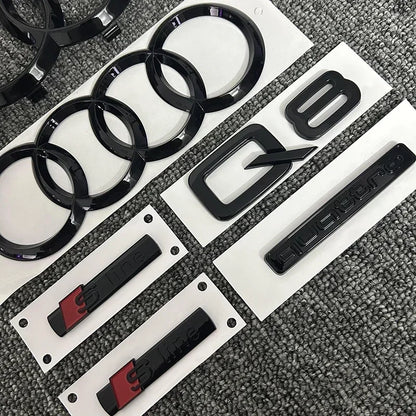 AUDI Q8 4-Ring logo ABS Black Car Hood Front Grill Emblem Rear Trunk Badge Q8 Sticker Quarrto Sline Emblem For Q8 2018-2024