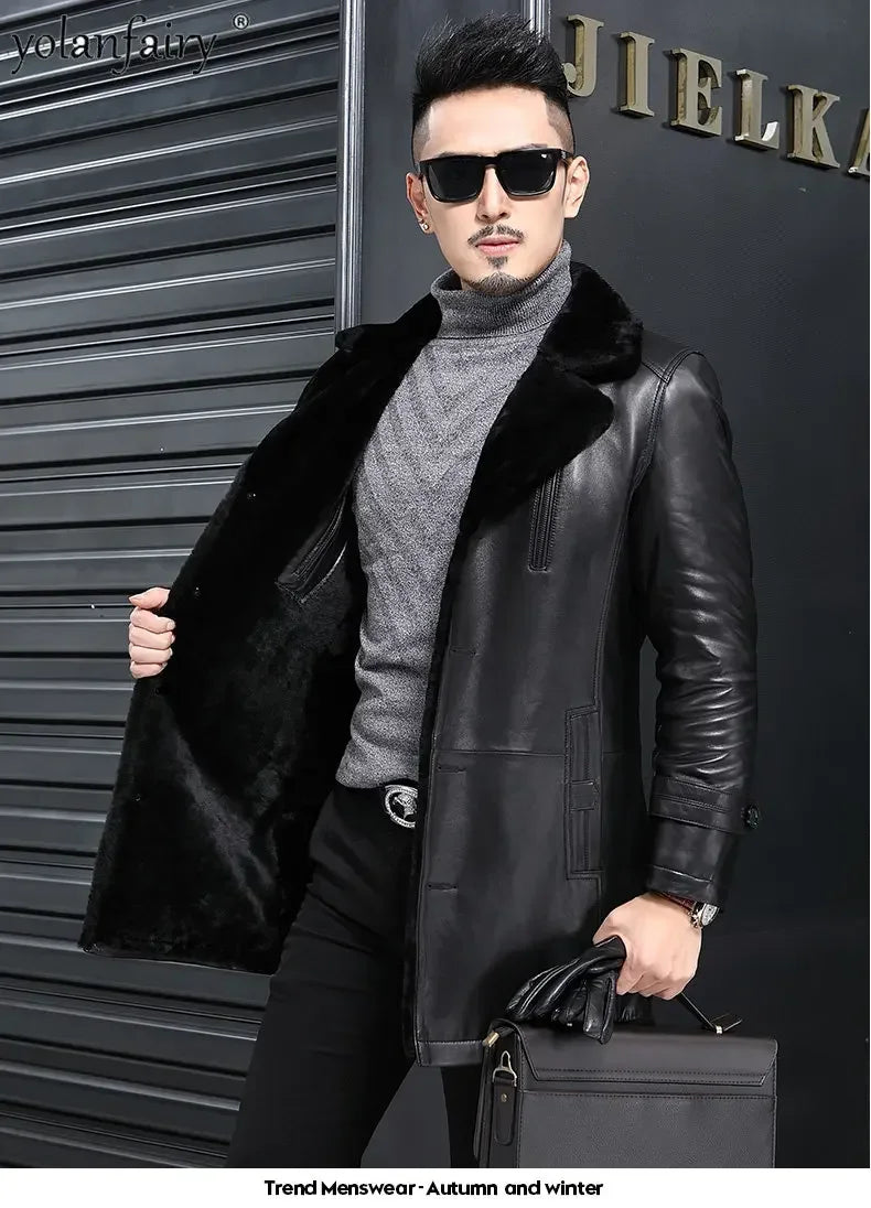 YOLANFAIRY Natural Leather and Fur Jackets for Men Midium Pure Sheepskin Genuine Leather Jacket Lapel Mens Winter Coat Thick 6XL