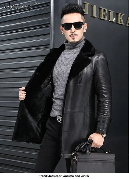 YOLANFAIRY Natural Leather and Fur Jackets for Men Midium Pure Sheepskin Genuine Leather Jacket Lapel Mens Winter Coat Thick 6XL