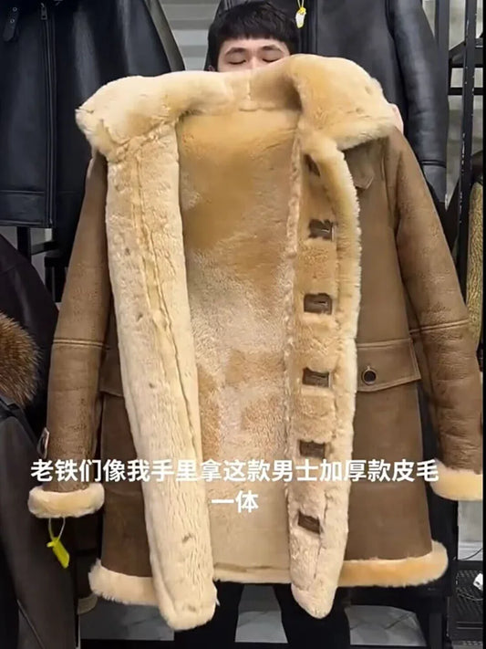 2024 Men's Winter Overcoat Genuine Sheepskin Shearling Leather Long Jacket for Male witth a Hood Thick Wool Liner Oversize 62 64