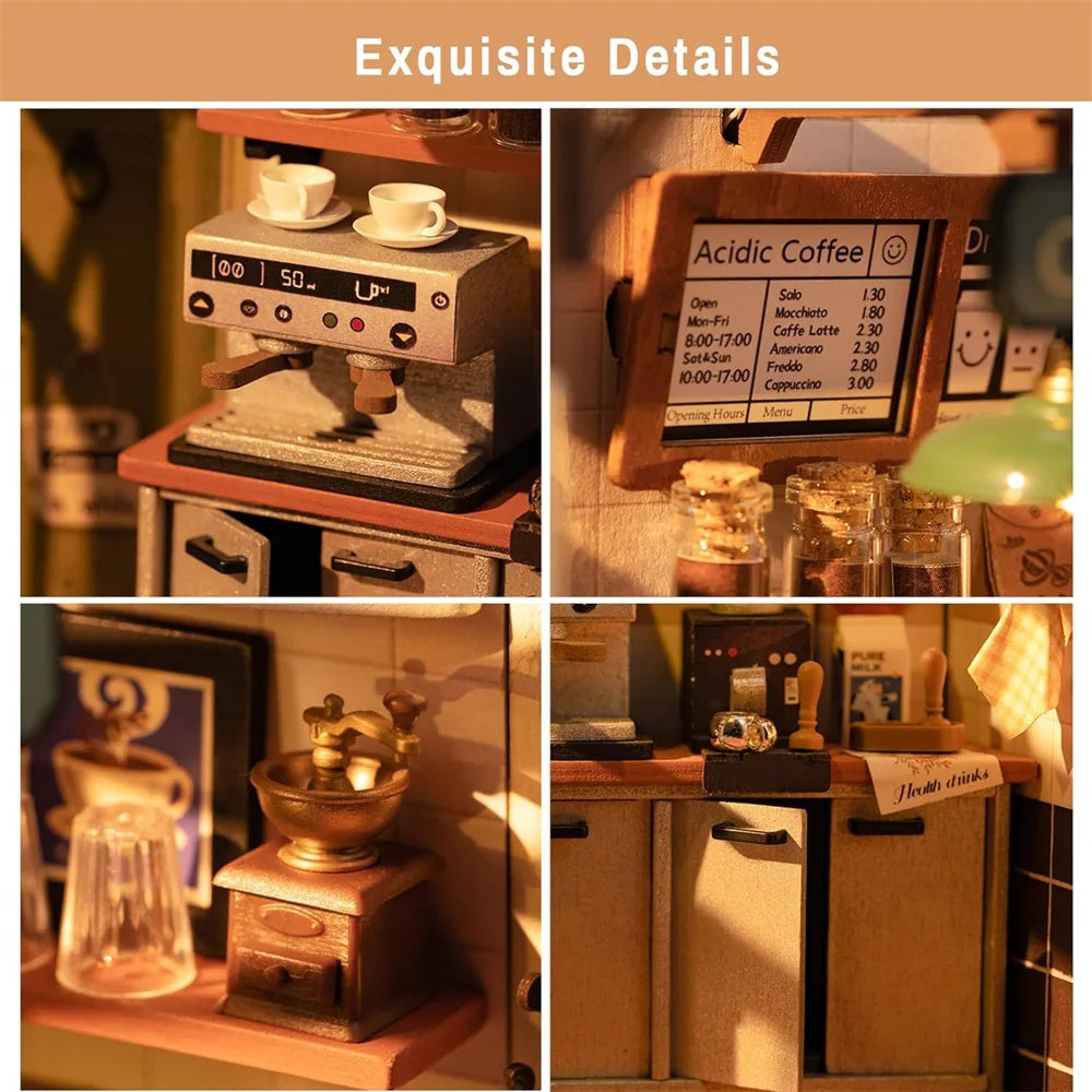 Robotime DIY Wooden Dollhouse Set with Miniature Furniture Model Building Set with LED for Adult and Children NO.17 Coffee