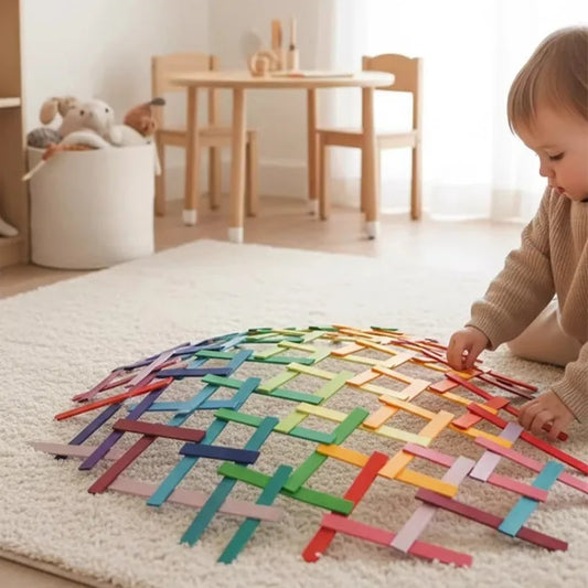100 PCS Rainbow Wooden Stacking Blocks Montessori Thin Planks Building Toy Educational Sensory Play Toys for Toddlers Kids