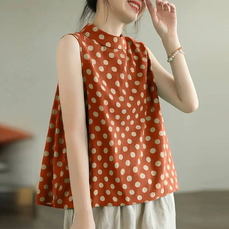 ZANZEA Women Dots Tank Tops 2024 Summer Sleeveless Camis Blouse Korean Fashion Round Neck Shirt Casual Loose Round Neck Tunics