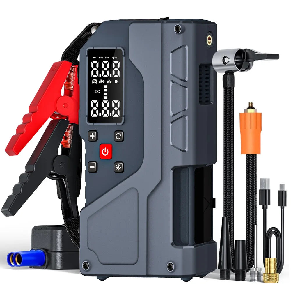 Portable Car Jump Starter Power Bank for Emergency Vehicle Starting Charging and Inflating Air Compressor Pump for iPhone