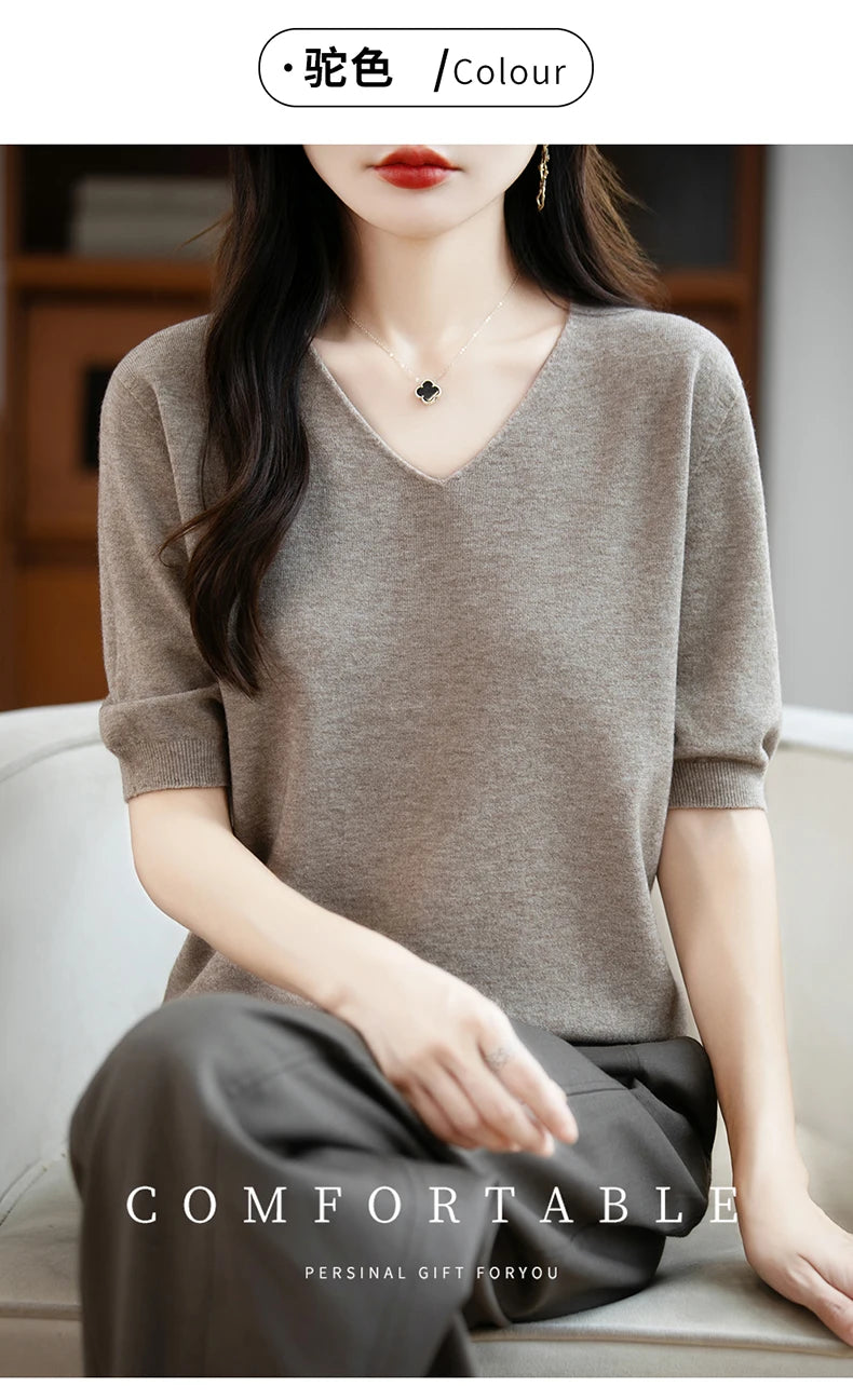 Thin Worsted Wool Short-Sleeved Women's Loose Round Neck T-shirt Printed Summer Fashion Knitted Bottoming Shirt Half-Sleeved