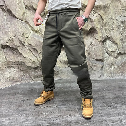 Thickened Fleece Lined Knitted Work Trousers Quick Dry Warm Elastic Outdoor Casual Multi Pockets Men's Autumn Winter Long Pants