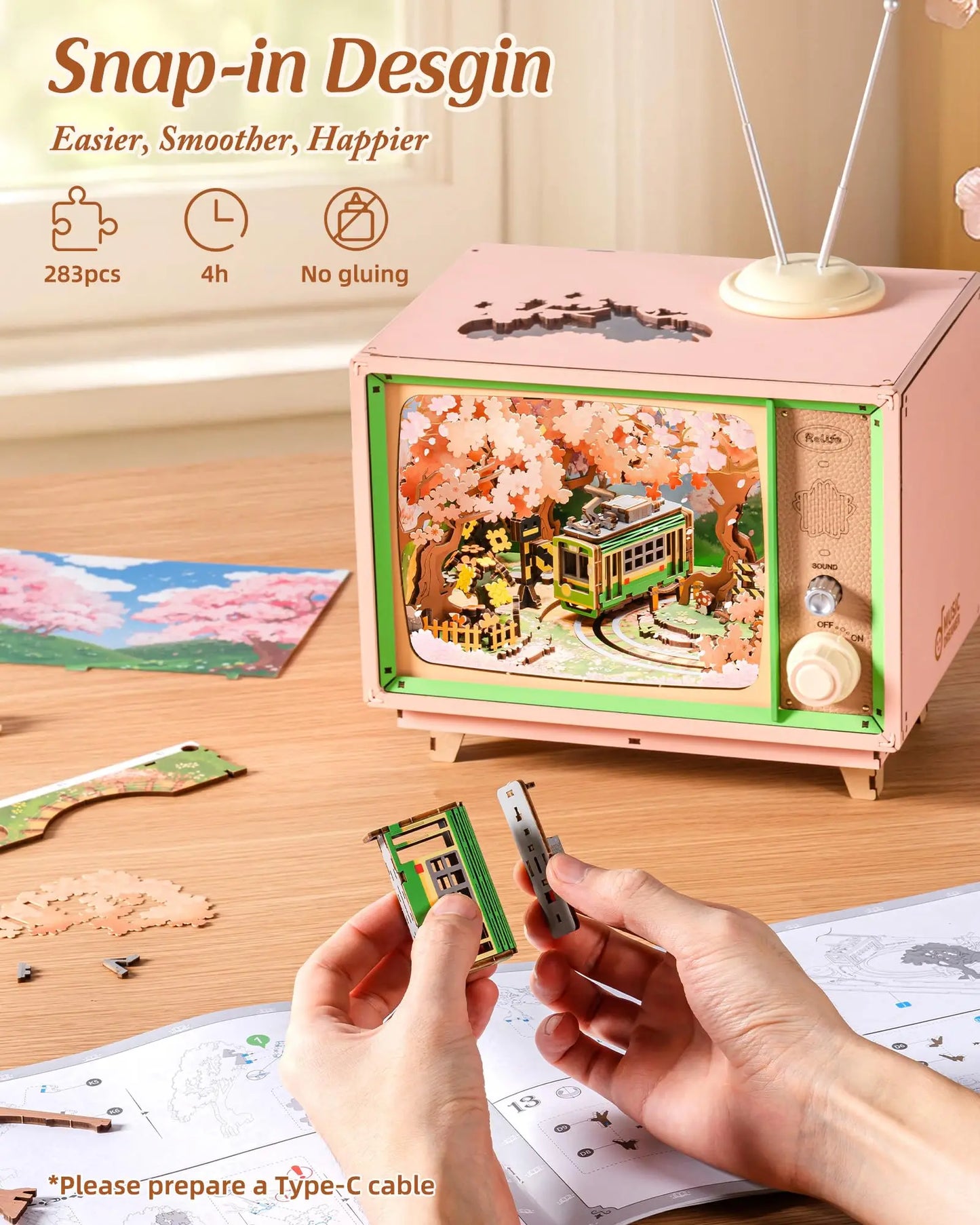 Robotime Rolife Sakura Dreamy Tour DIY Music Box 3D Wooden Puzzle with Lights Sakura Design Unique Home Decor Giftfor Kids