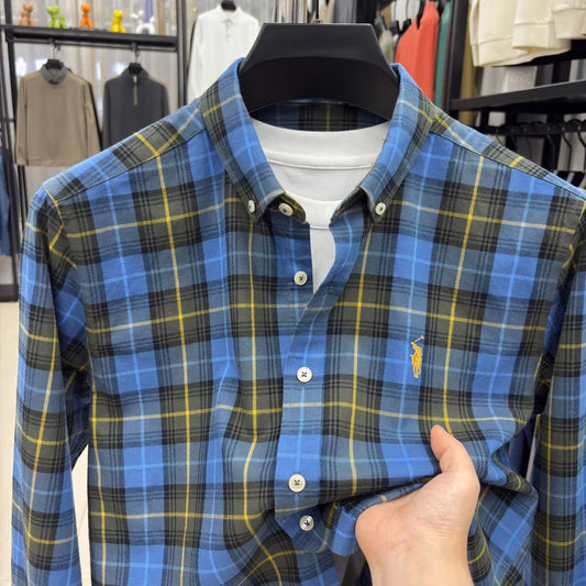 Embroidered Cotton Long Sleeved Shirt for Men in Spring and Autumn, New Plaid Shirt for Casual and Loose Fit, Business Men
