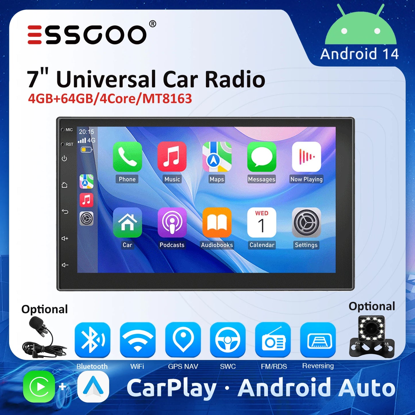 ESSGOO 7" Universal Car Radio 4GB 64GB Wireless Android Auto Carplay 4CORE Car Multimedia Player GPS RDS Car Stereo Autoradio