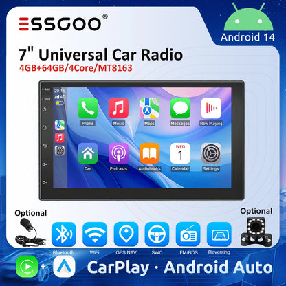 ESSGOO 7" Universal Car Radio 4GB 64GB Wireless Android Auto Carplay 4CORE Car Multimedia Player GPS RDS Car Stereo Autoradio