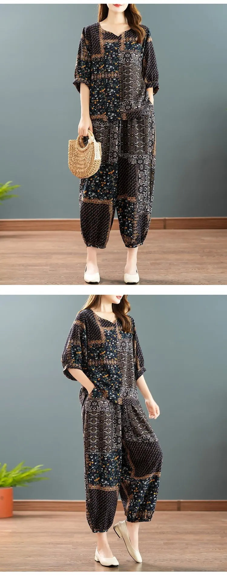 New Summer Floral Print Midi Sleeve Cotton Linen Loose Women's Two-Piece Set Ethnic Style Mom Clothes Comfortable Breathable