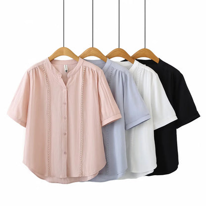 Slimming Short Sleeve Shirt for plus Size Women Stylish French Style Loose Fit Summer Top Single Button Closure Regular Length