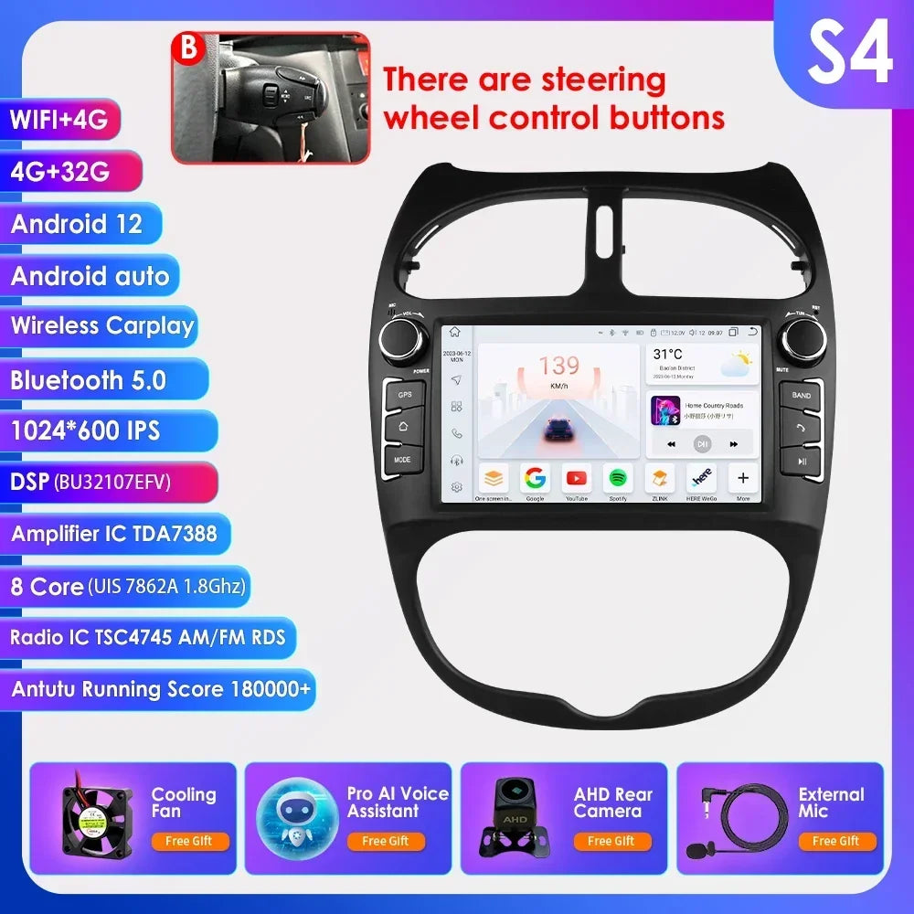 Android 14 Car radio for PEUGEOT 206 206CC 206SW 2000-2005 2006 2007 2008 Multimedia player GPS navi Video 7862 2din Autoradio