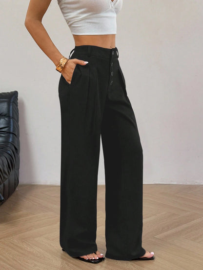 Women's Black High Waist Wide Leg Pants | Button Fly Pleated Draped Flattering Office Suit Trousers, Versatile