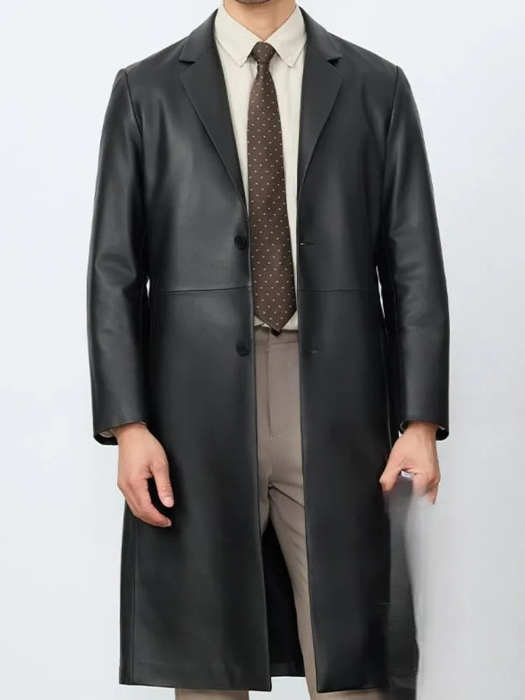 Business Casual Style Turn Down Collar Pocket Genuine Leather Long Jacket Single-Breasted Male Sheepskin Trench Outerwear