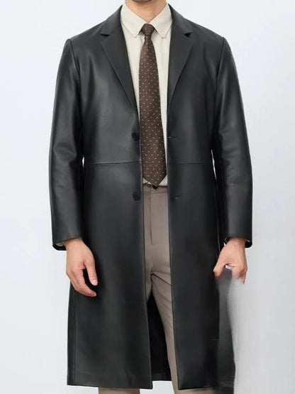 Business Casual Style Turn Down Collar Pocket Genuine Leather Long Jacket Single-Breasted Male Sheepskin Trench Outerwear