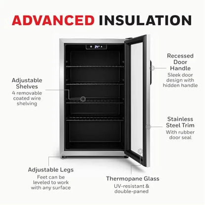 Beverage Refrigerator and Cooler, Mini Fridge with Glass Door for Soda Beer or Wine in Office or Bar Use, Stainless Steel, Blac