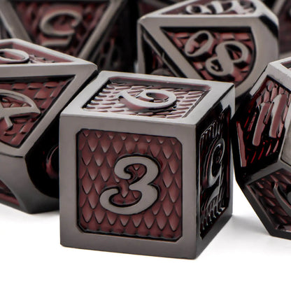 DND Metal Dice Set Black Red Dungeon and Dragon scale Dice D&D Polyhedral Dice RPG D and D Role Playing Games Dice