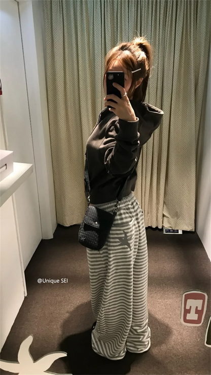 Unique Street Style Korean Lazy Star Embroidery Striped Sweatpants Casual Sporty Long Trousers for Women Straight Leg Pants