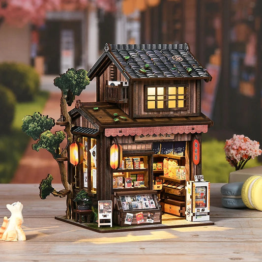 3D Japanese Grocery Store DIY Dollhouse Kit with LED Light Detailed Furniture Handmade Assembly Model Birthday Gift Home Decor