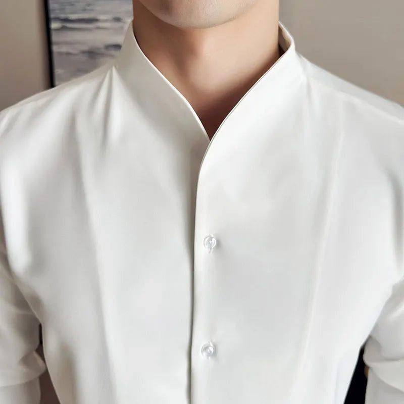 Advanced Sexy V-neck Men's Long Sleeved Shirt Designer Stand Up Collar Shirt Business Social Slim Fit Black and White Top