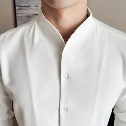 Advanced Sexy V-neck Men's Long Sleeved Shirt Designer Stand Up Collar Shirt Business Social Slim Fit Black and White Top