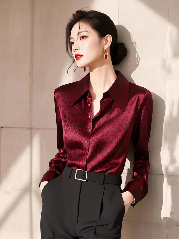 Red Leopard Print Long Sleeve Shirt Women's Fashionable Maturity Style Premium Quality Top Trendy Autumn 2025 Casual Wear