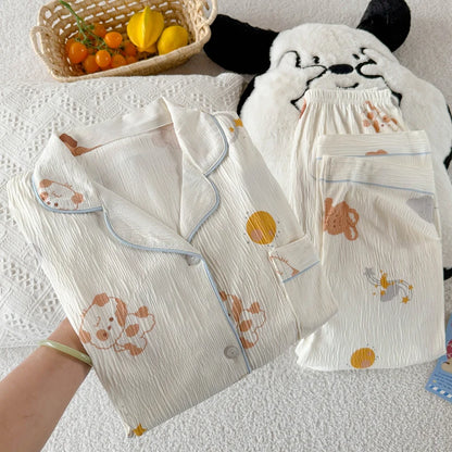 Girls Stripe Sleepwear Women's  Knot Star Long Sleeve Long Pants Korean Style Sweet Crepe Home Clothes Set