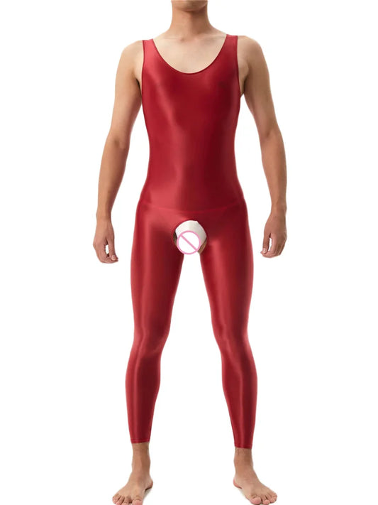 Sexy Crotchless Satin Oil Glossy Shiny Bodysuit Sheer See Through Yoga Tights Elastic Shaping Leotard Jumpsuit Candy Color