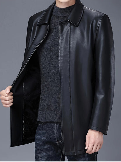 Classic Mid-Length Lapel Trench Coat with Fleece Lining for Warmth, Leather and Fur Integrated Men's Pu Coat, Luxurious Business