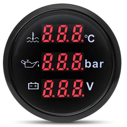 3 in 1 Car Gauge﻿ Water Temperature + Oil Pressure + Voltmeter 52mm Digital Red Backlight  Waterproof car gauge or with Sensor