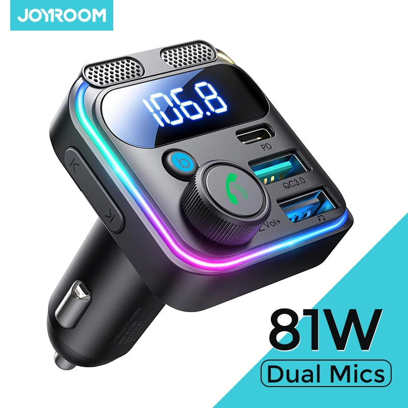 Joyroom 81W Fast Car Charger Bluetooth 6.0 FM Transmitter Wireless Radio Handsfree Calling Dual Mics Auto MP3 Player Car Charger