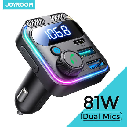 Joyroom 81W Fast Car Charger Bluetooth 6.0 FM Transmitter Wireless Radio Handsfree Calling Dual Mics Auto MP3 Player Car Charger