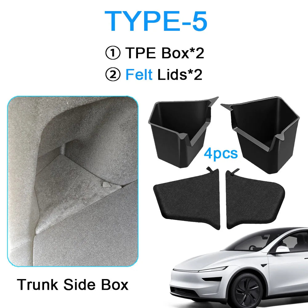 For Tesla Model Y Juniper Trunk Organizer Side Storage Box Bin Organizer Flocked TPE Mat Anti-dirty 2025 2026 Travel Accessories