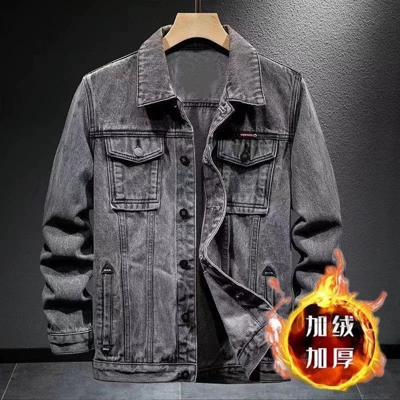 Men's Fashionable Thickened Fleece Lined Slim Fit Denim Jacket Autumn Winter Warm Stylish Workwear Top Quality Chinese Produc...