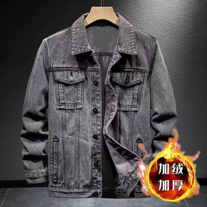 Men's Fashionable Thickened Fleece Lined Slim Fit Denim Jacket Autumn Winter Warm Stylish Workwear Top Quality Chinese Produc...