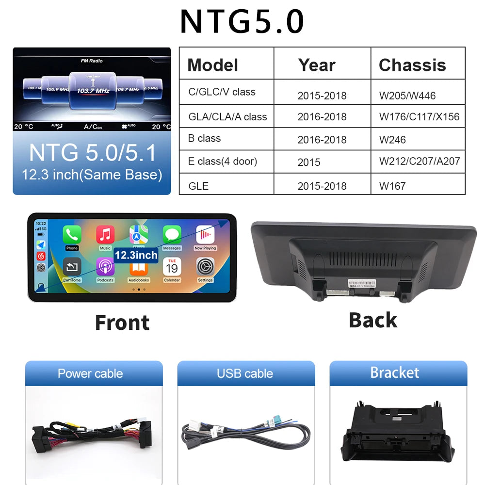 12.3“Wireless CarPlay For Mercedes Benz GLA CLA GLC GLK W205 W176 C117  Ultra thin Touch Multimedia screen with Android Auto BT