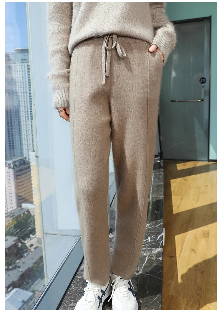 100% mink wool knitted high-waisted pencil pants women's casual autumn and winter new warm solid color thick cashmere pants