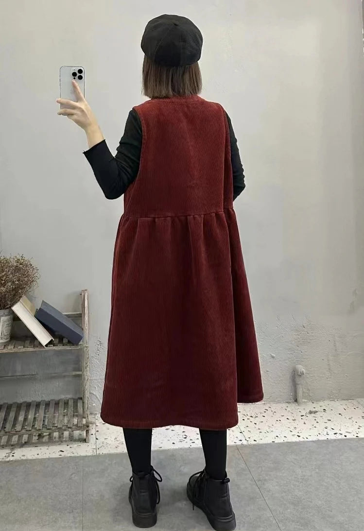 Retro Korean Style Corduroy Dress with Pockets Autumn Winter Loose Slimming Long Dress for Women Casual A-Line Skirt