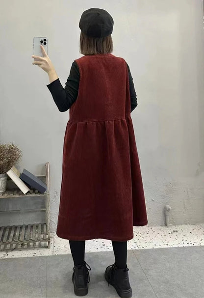 Retro Korean Style Corduroy Dress with Pockets Autumn Winter Loose Slimming Long Dress for Women Casual A-Line Skirt