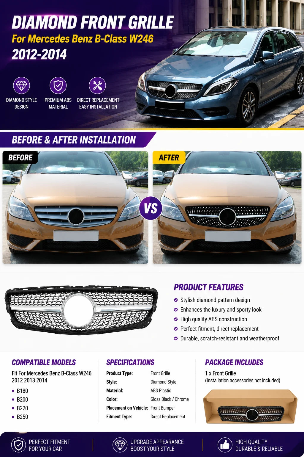Diamond Front Grille For Mercedes Benz B-Class W246 B180 B200 B220 B250 2012 2013 2014 Grill Replacement Body Kits Auto Parts
