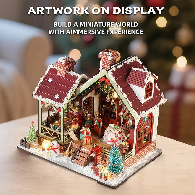 DIY Wooden Warm Christmas Lodge Casa Doll Houses Miniature Model Kits Dollhouse with Furniture LED Lights for Friends Gifts